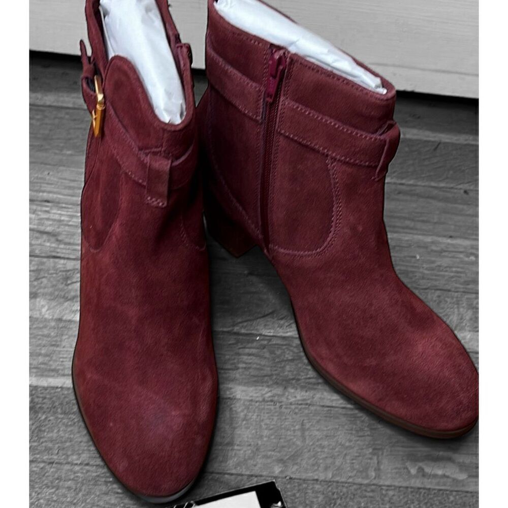 Diba Women's Sleek Bootie Burgundy Block Heel Ankle Buckle Suede Size 9.5 NWT